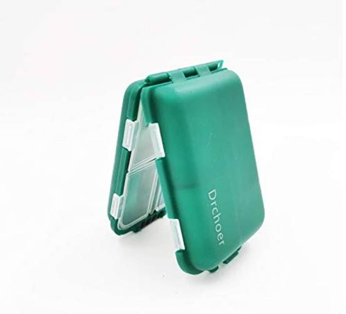 Green hinged tackle box with side latch and visible interior clear divider panels