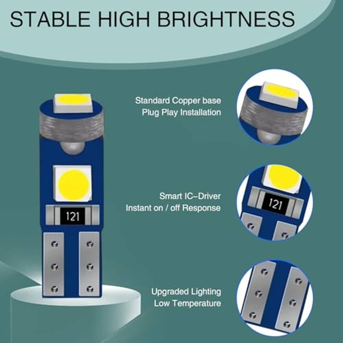 T5 wedge LED bulb, blue module with yellow LED chip, copper-style base and plug-in ends