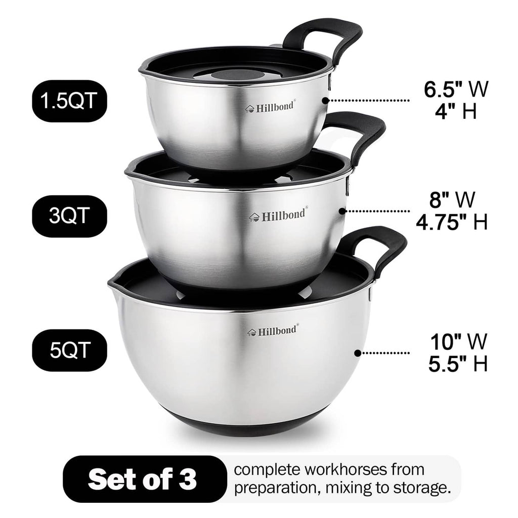 Set of 3 stainless steel mixing bowls with black lids and size markings