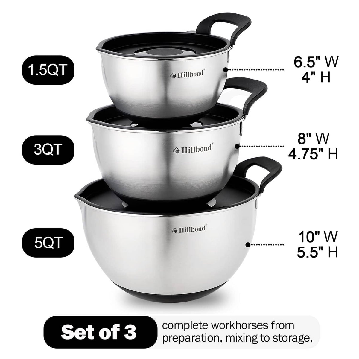 Set of 3 stainless steel mixing bowls with black lids and size markings