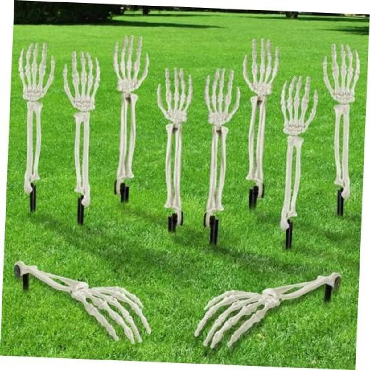 White skeleton hand stakes with two arm skeleton pieces laid out on green grass
