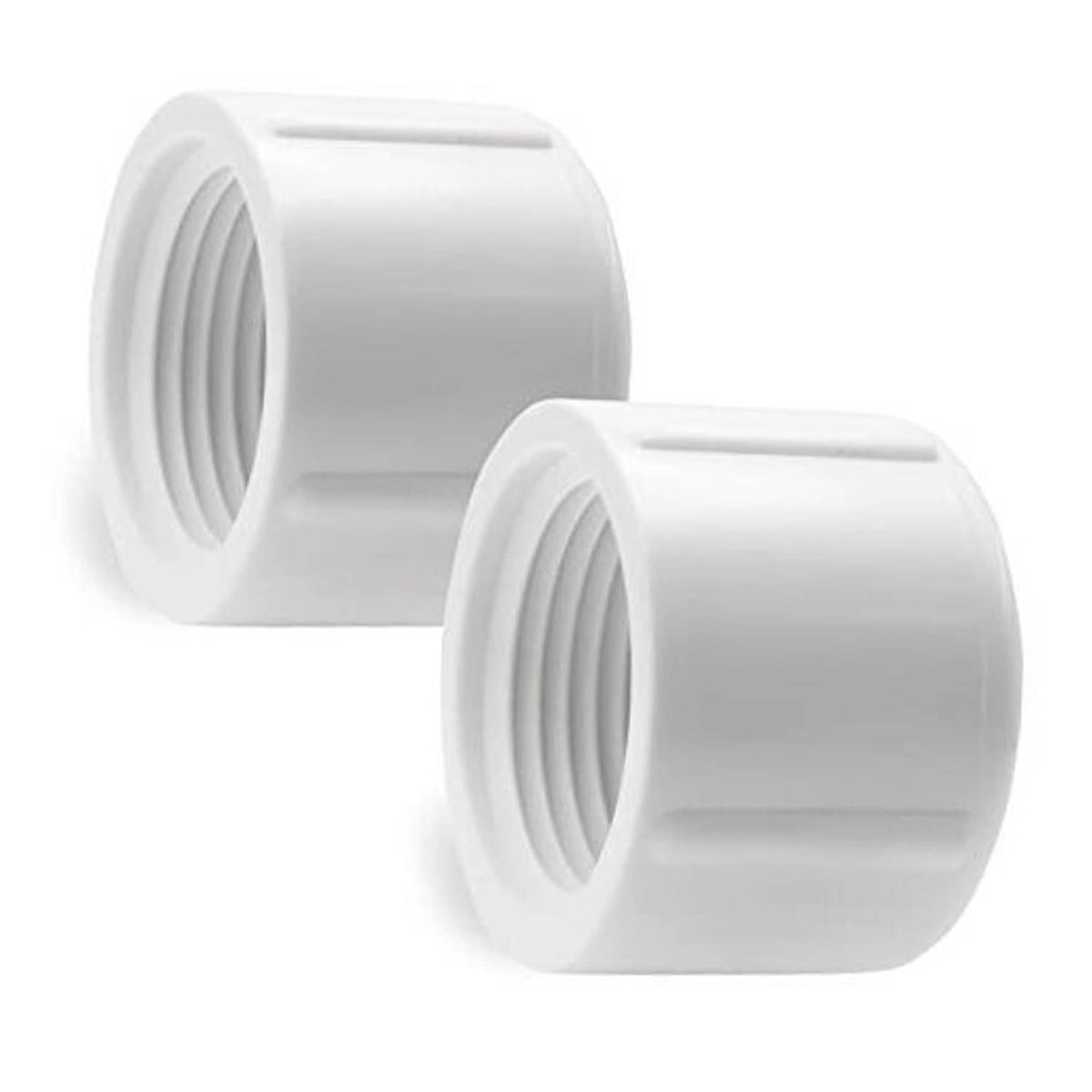 White PVC female pipe cap, 1/2 in FNPT, two-pack, threaded opening facing front