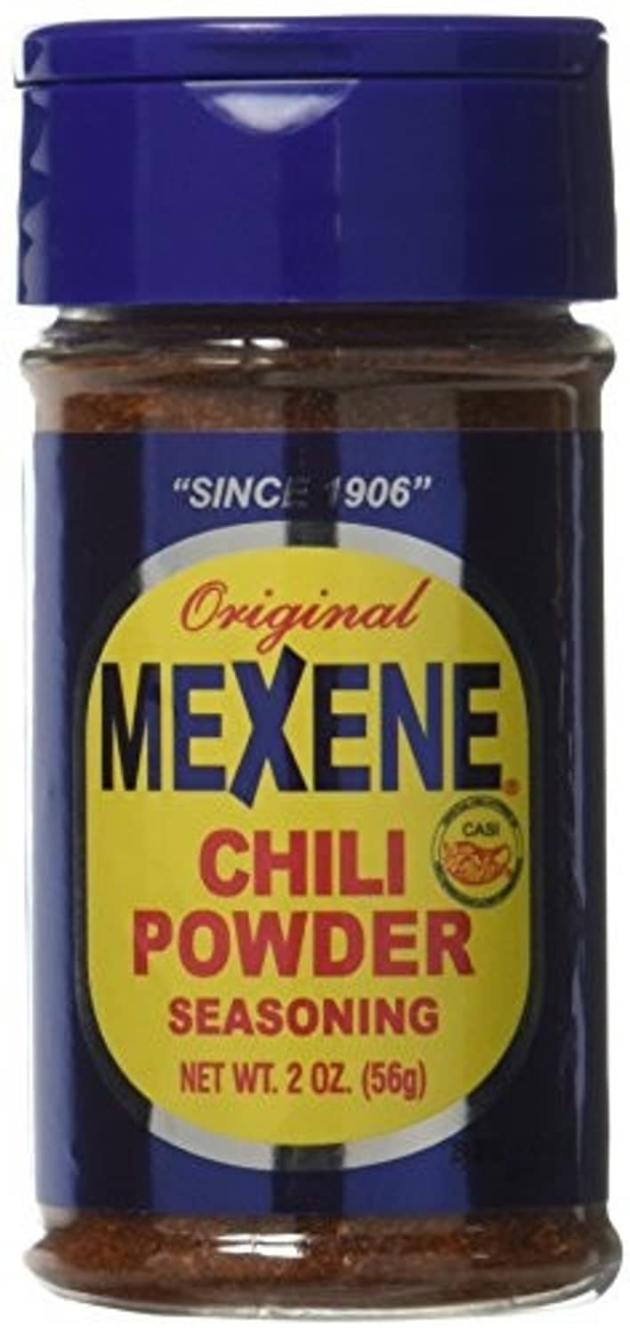Mexene chili powder seasoning jar with blue cap, original label