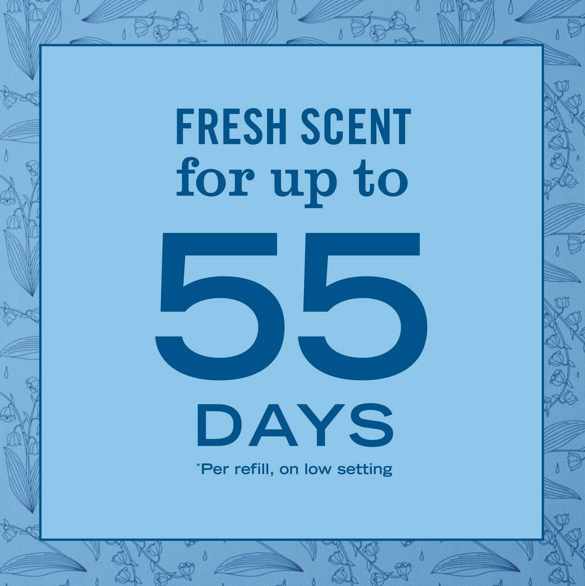 Fresh scent graphic: lasts up to 55 days per refill on low setting