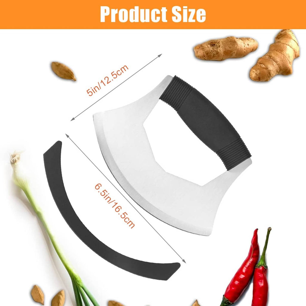 Stainless steel salad chopper with black handle and curved chopping blade