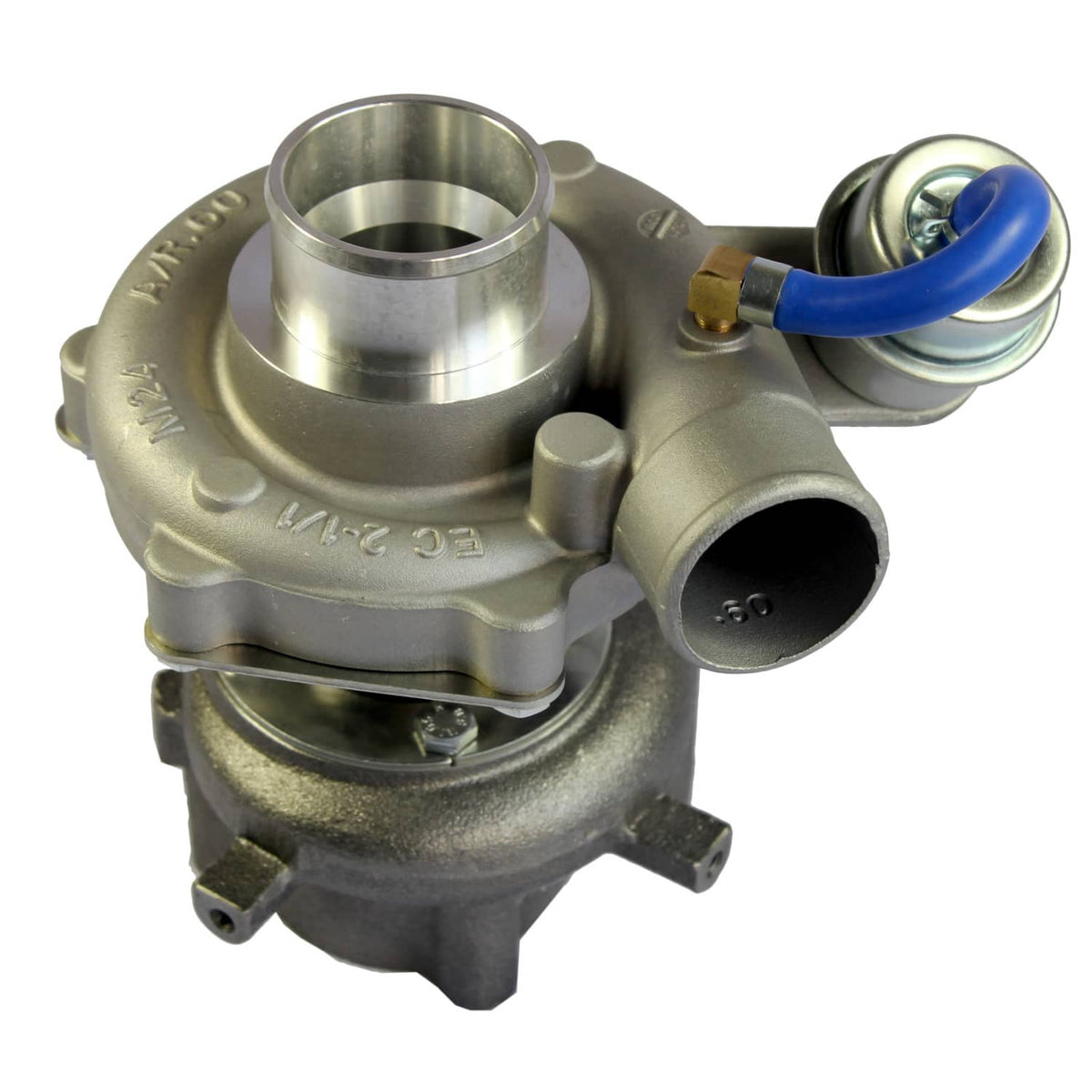 Turbocharger with metal housing, blue hose, and inlet flange ports