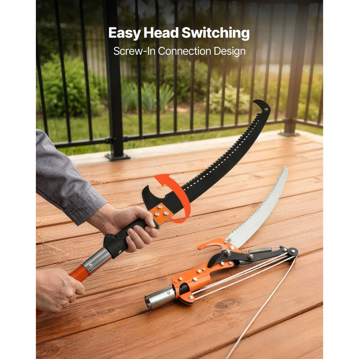 Pole pruner with screw-in head connection and orange latch handle