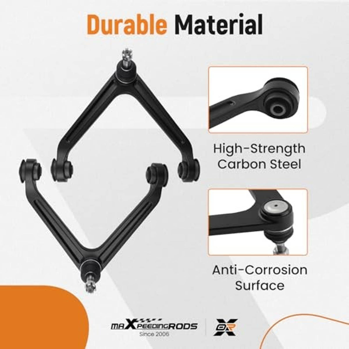 Front upper control arm with ball joint ends, black metal triangular frame
