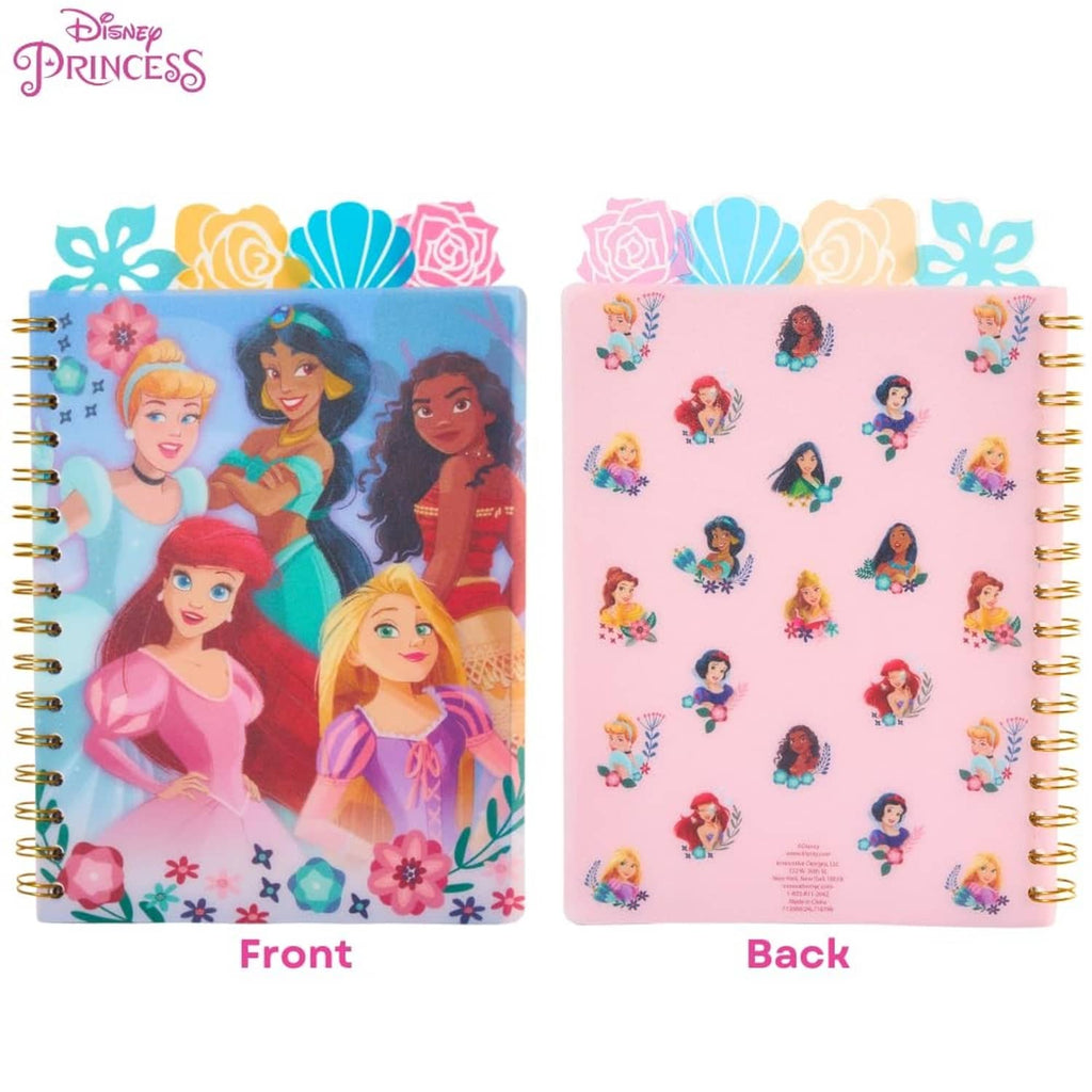 Disney Princess spiral notebook front and back covers, blue front and pink character icons back