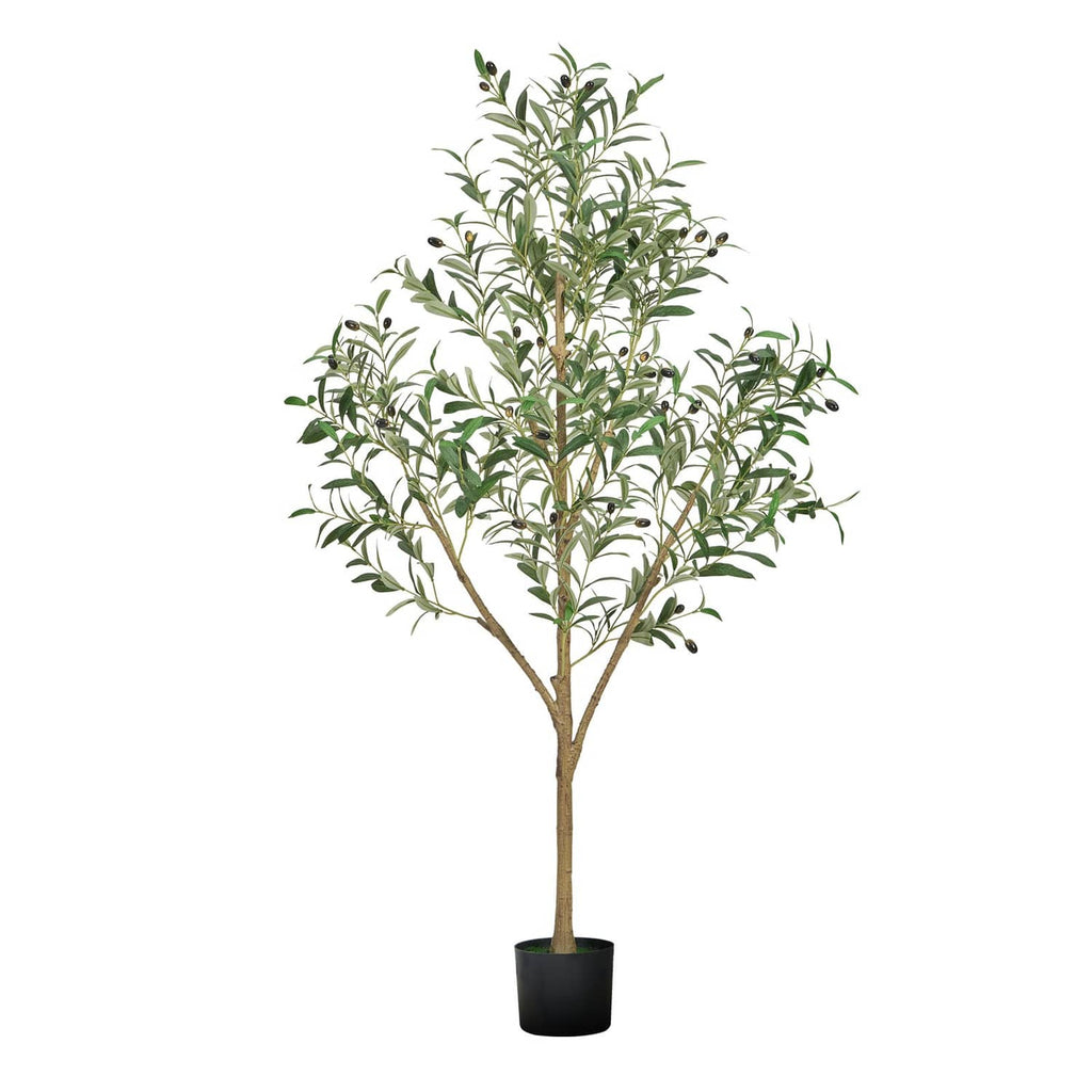 Artificial olive tree with full leafy crown in black pot