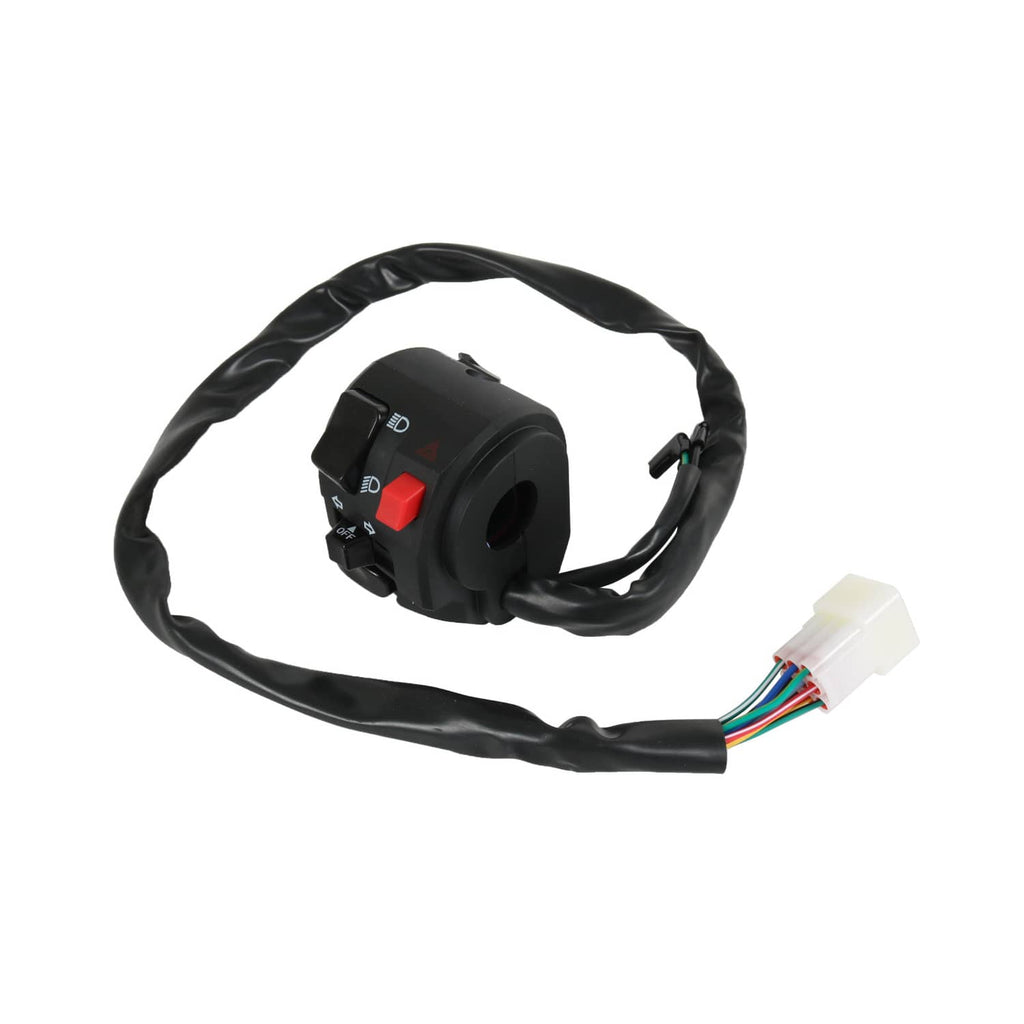 Motorcycle handlebar switch housing with red button and wire harness connector