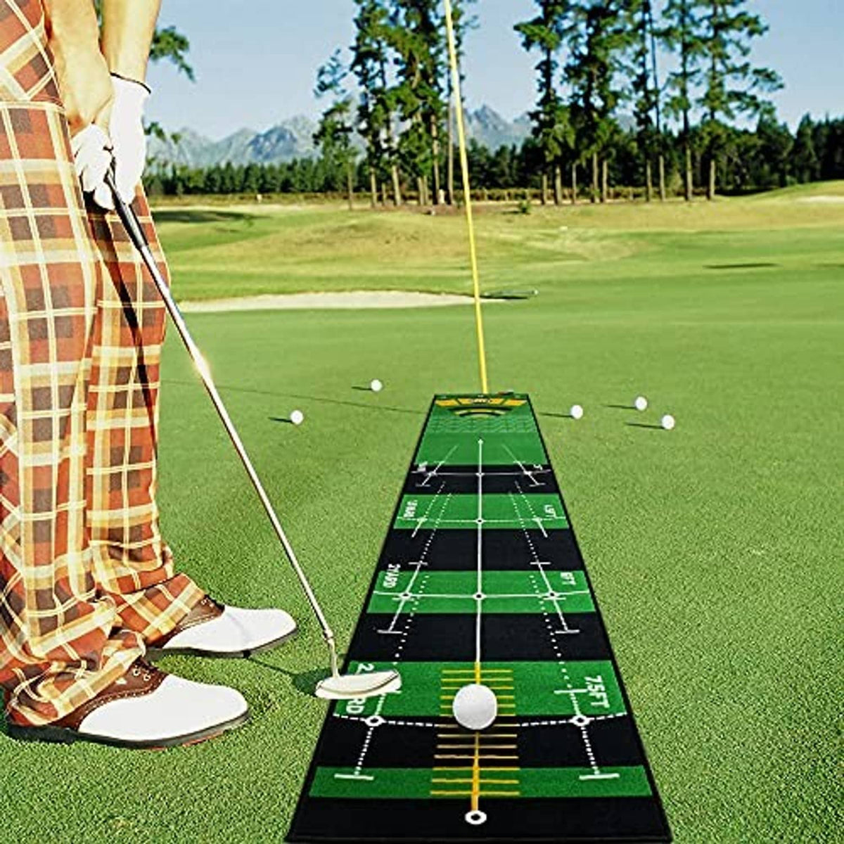 Golf putting practice mat on grass with ball and alignment grid beneath the putter