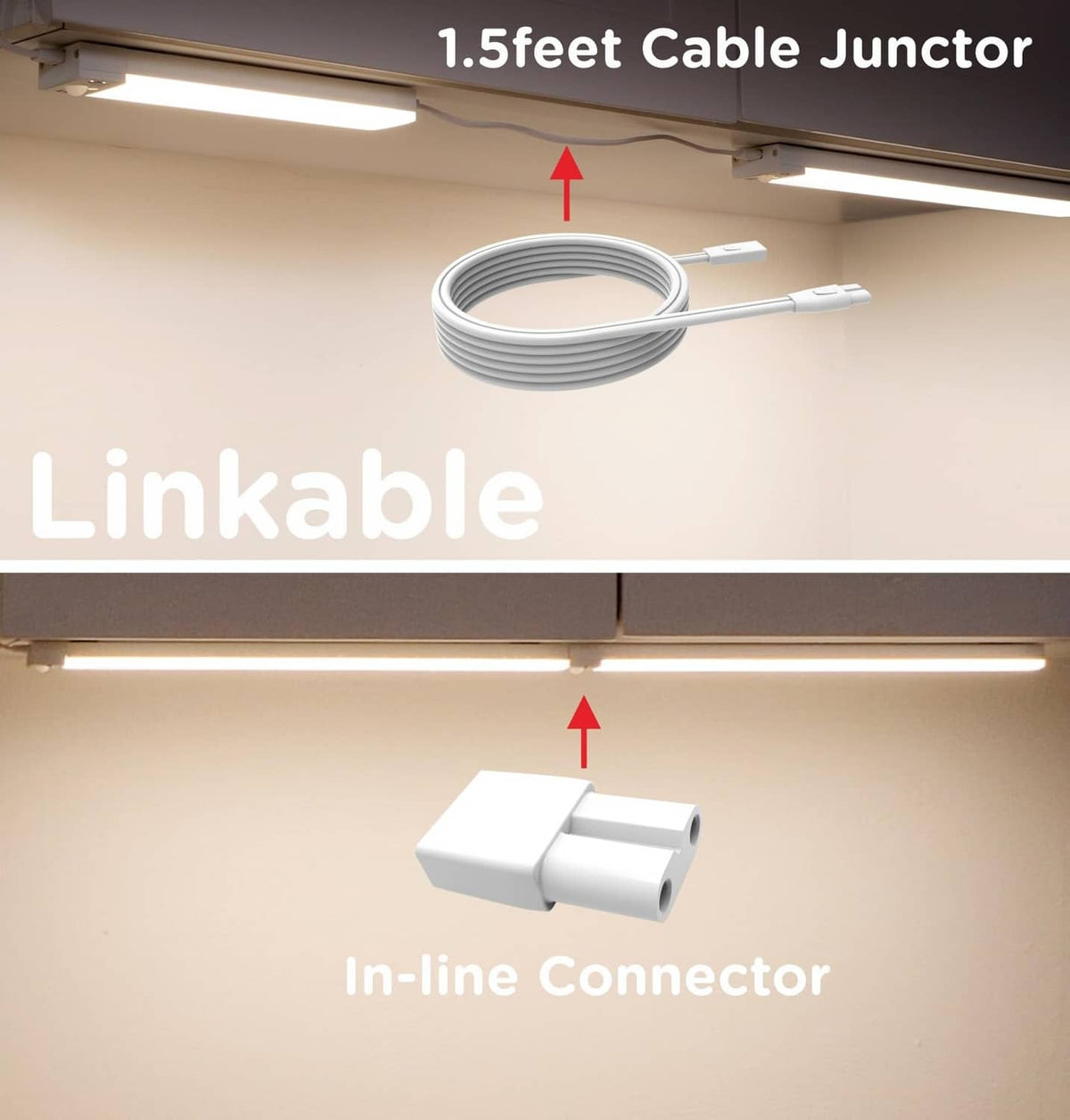 Under-cabinet LED light with linkable 1.5ft cable junction and in-line connector