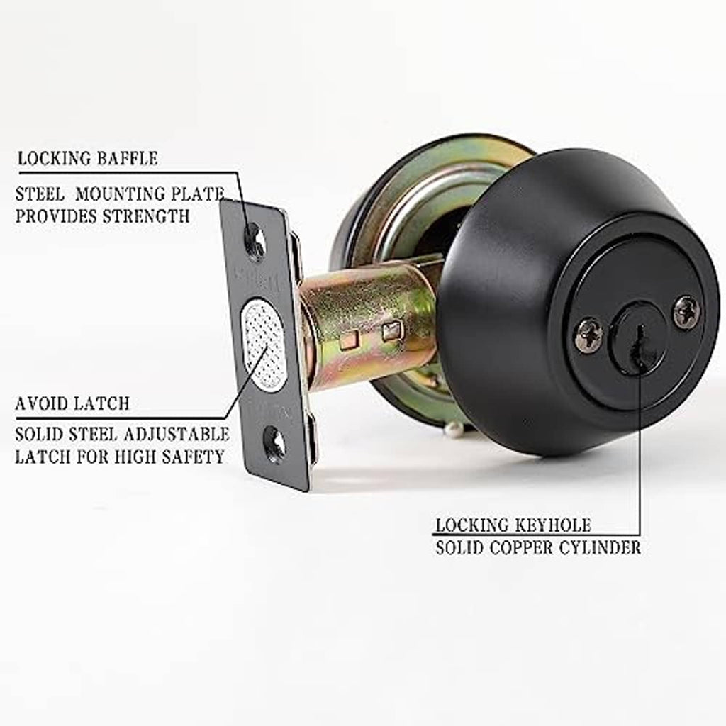 Black deadbolt lock showing exterior knob, strike plate, and brass locking cylinder details