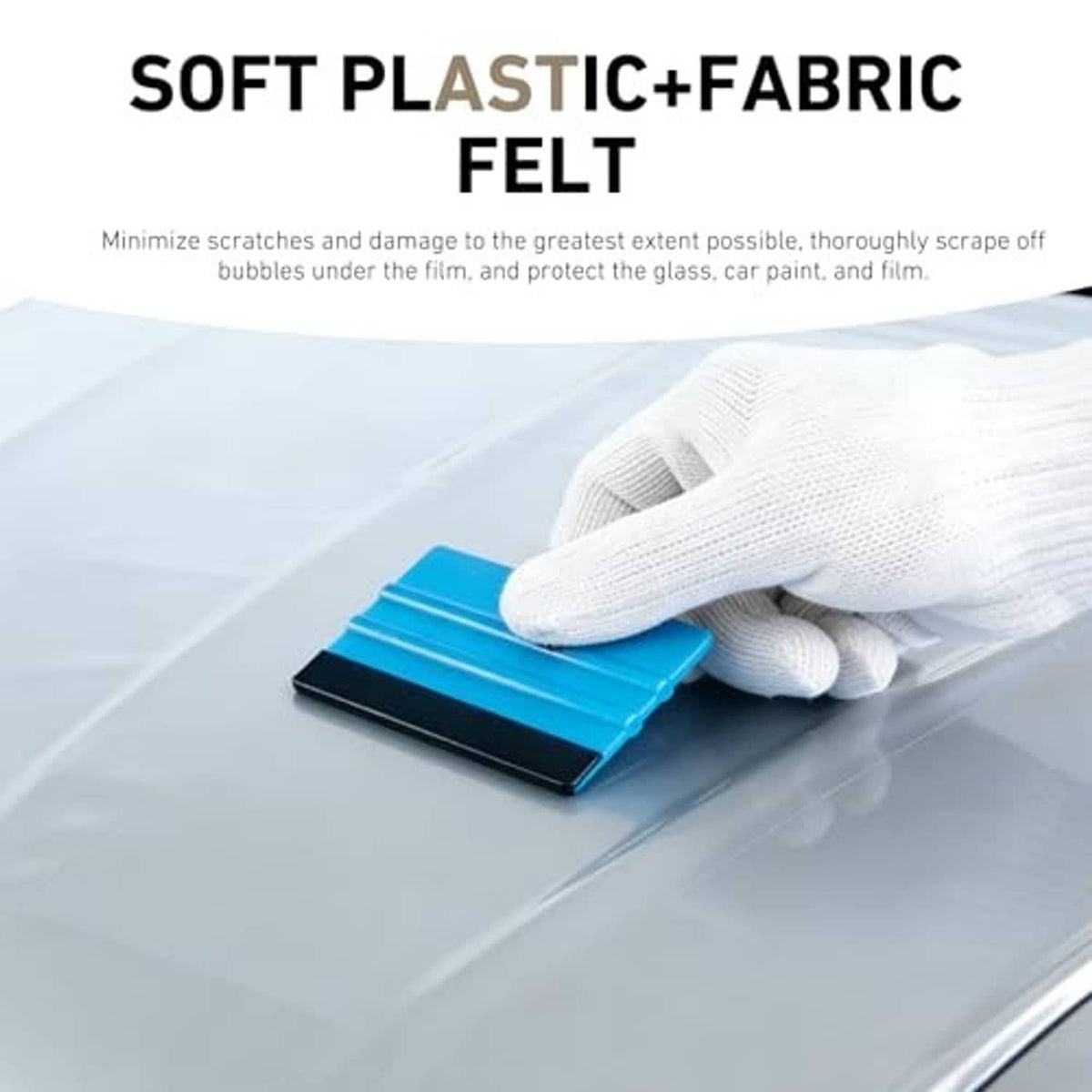 Blue felt edge squeegee with black plastic scraper and white felt pad for vinyl
