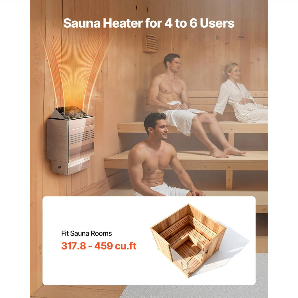 Wall-mounted stainless sauna heater for shared use in a wooden sauna setting