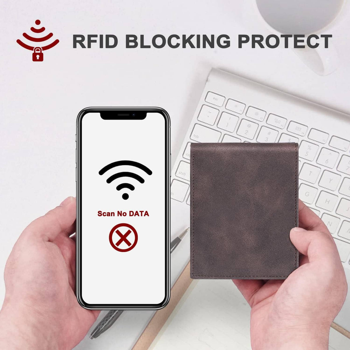 Coffee brown slim bi-fold wallet with RFID-blocking protection