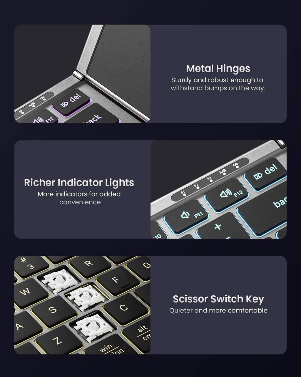 Foldable keyboard with metal hinges, indicator lights, and scissor switch keys