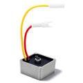 Voltage regulator module with yellow and red wires, white connectors, and grey casing