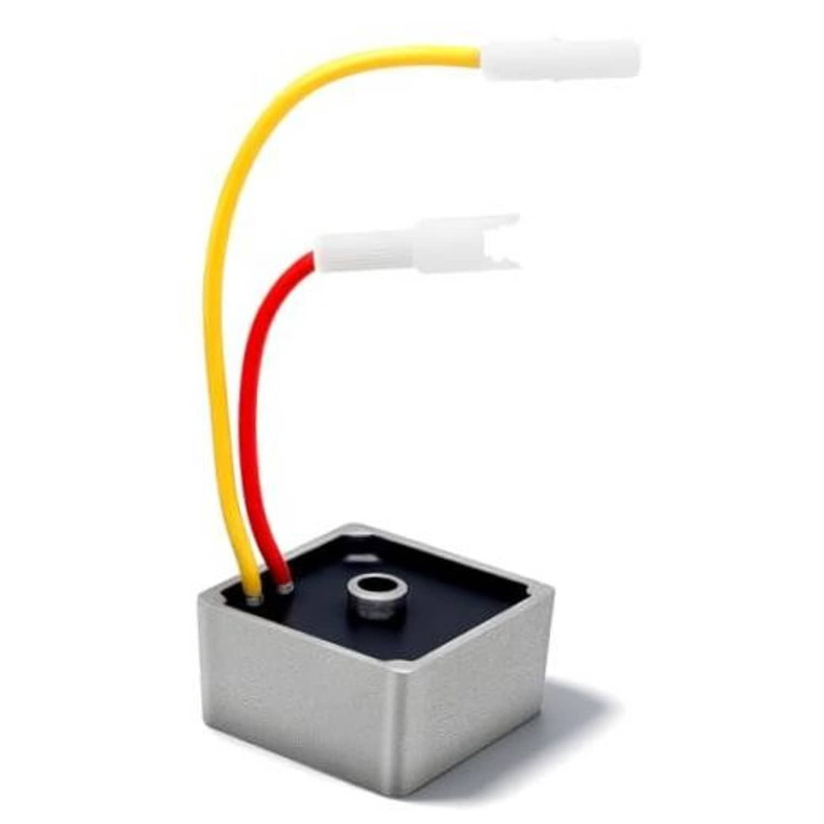 Voltage regulator module with yellow and red wires, white connectors, and grey casing