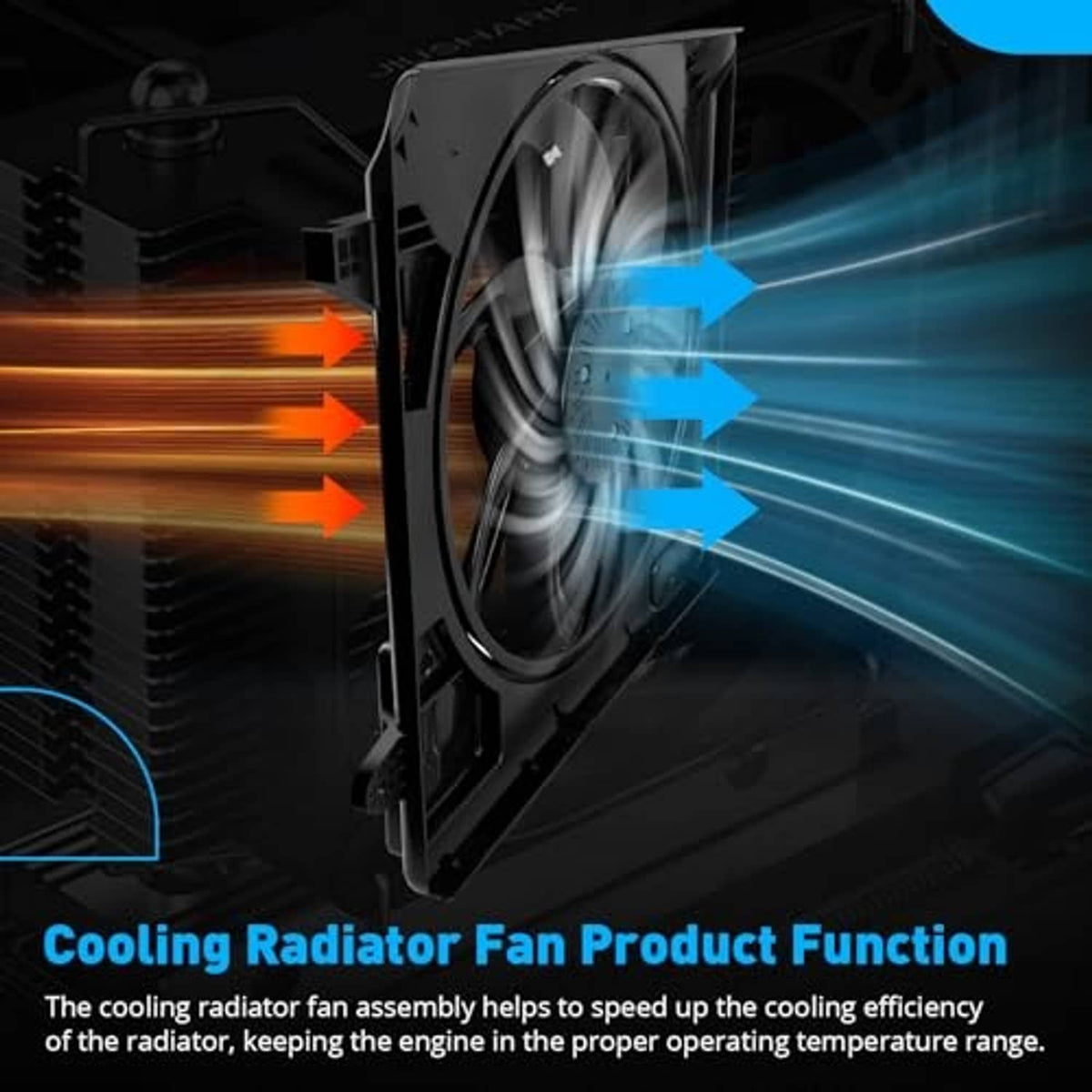 Cooling radiator fan assembly showing airflow through the black fan