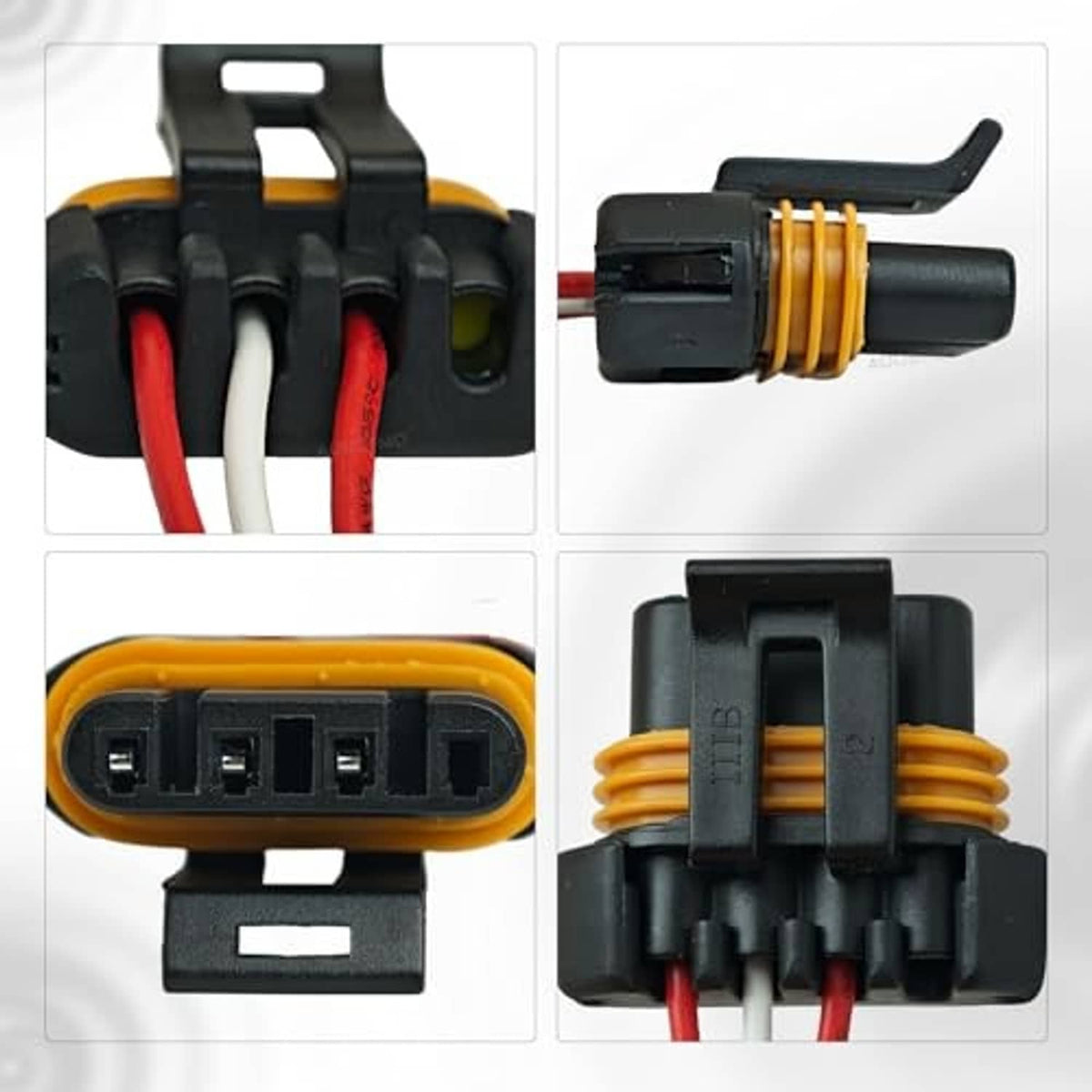 Alternator wire connector pigtail close-up: black terminals, red/white wires, yellow strain relief