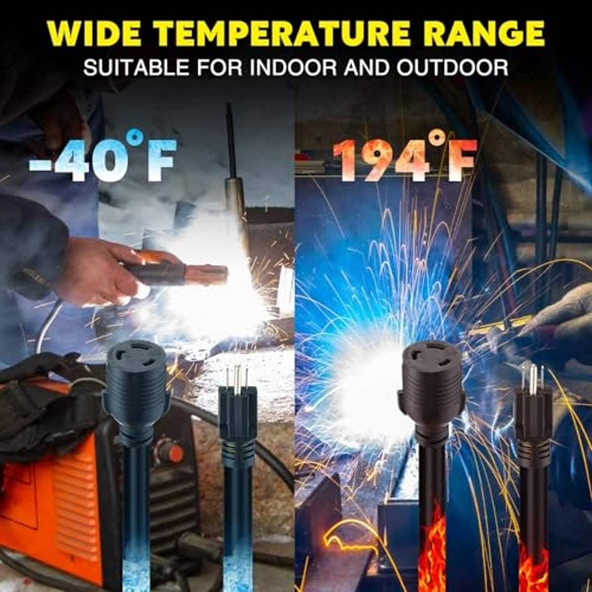 Yellow adapter cord with black plugs shown during welding spark activity