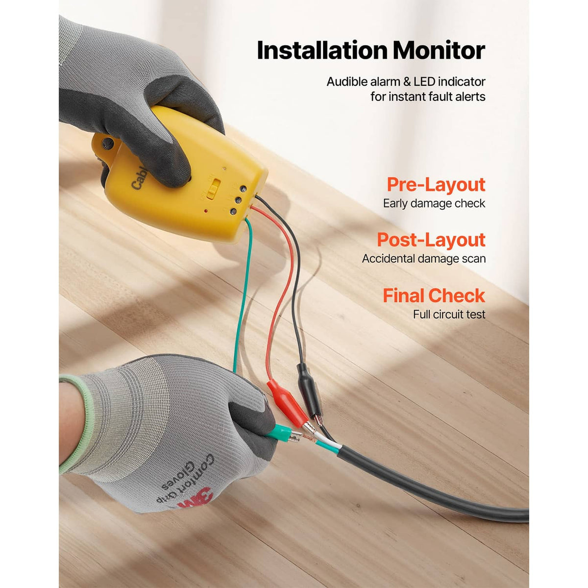 Installation monitor tool with cable wires for checking electric floor heating