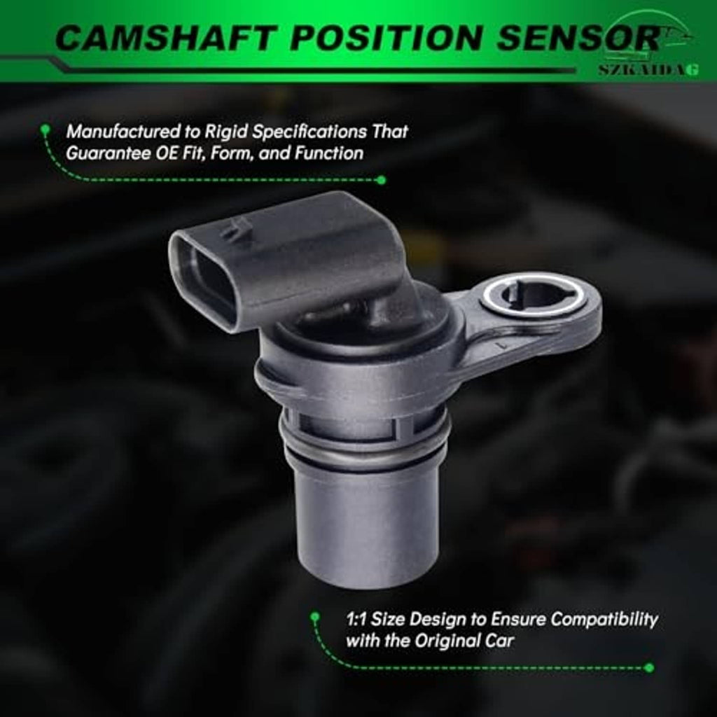 Camshaft position sensor, black sensor body with metal mounting bracket and circular port