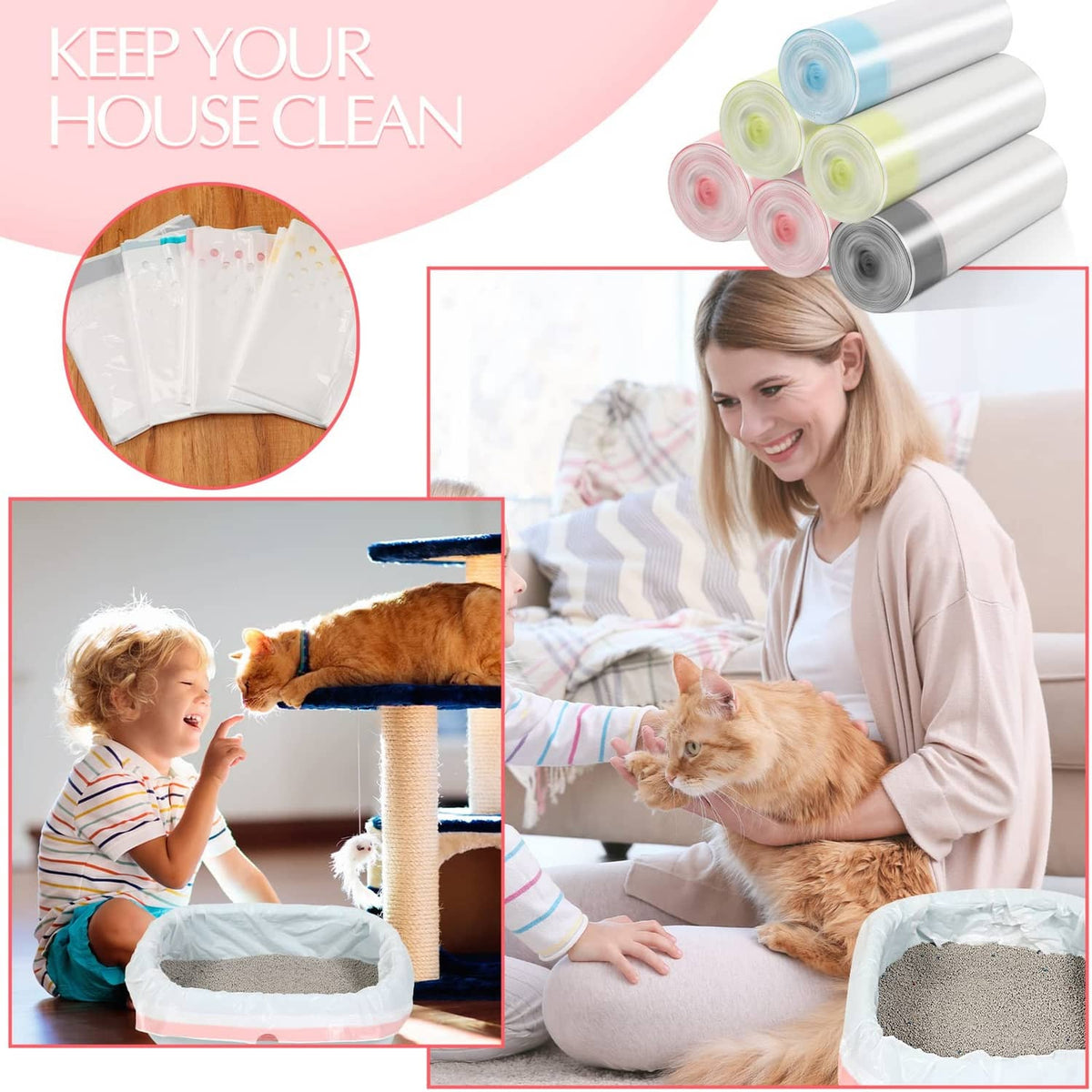 Stack of white cat litter liner rolls, disposable perforated sifting bags