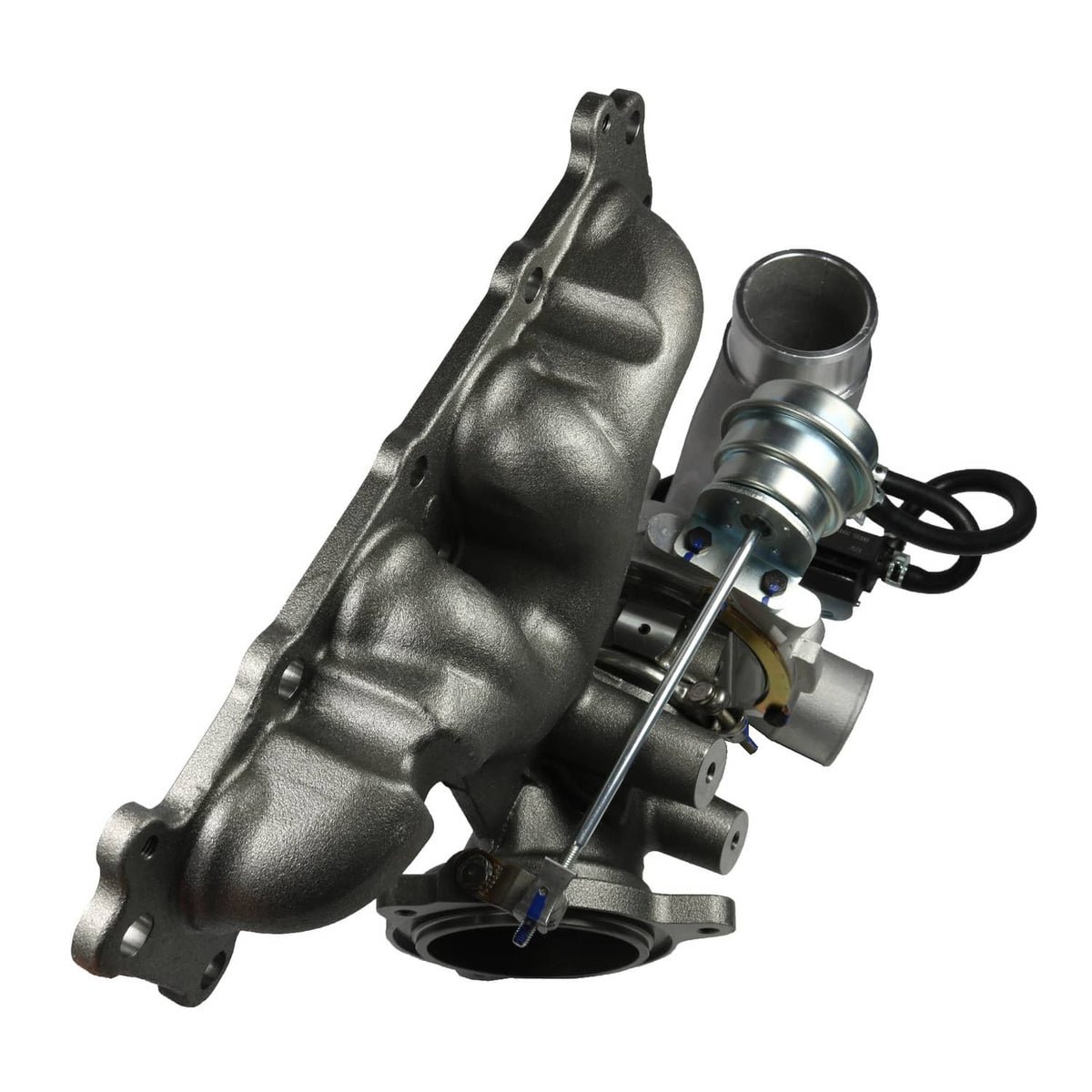Turbocharger assembly with cast exhaust manifold and silver vacuum actuator canister.