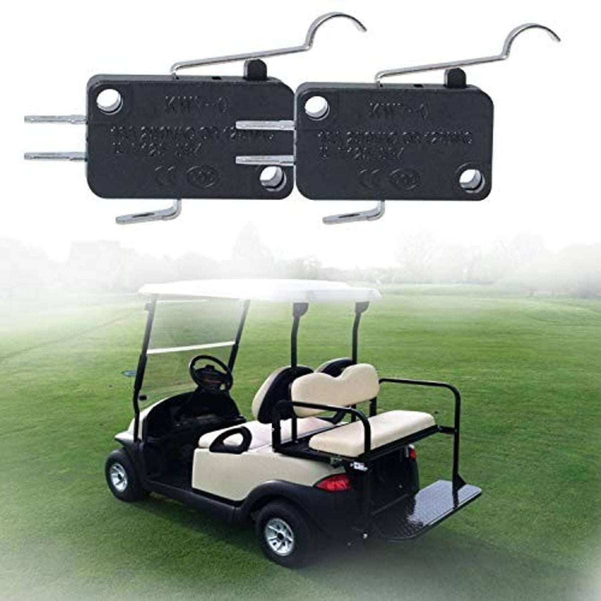 Micro switch pair with curved lever actuators, shown on a golf cart seat.