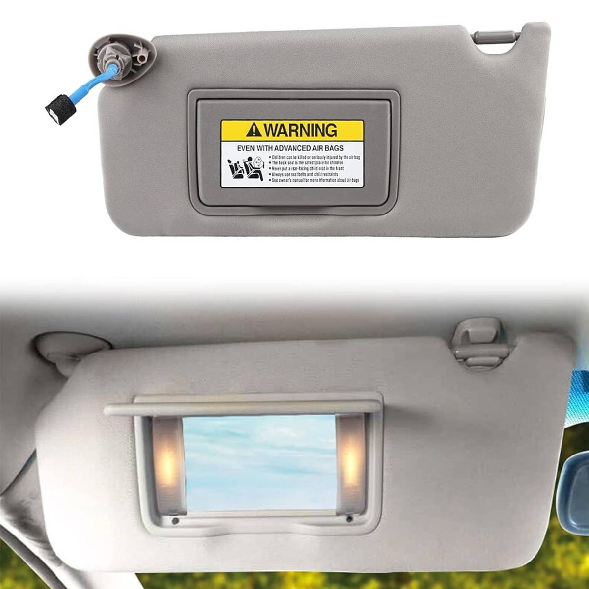 Gray sun visor pair with warning label and LED mirror light displayed