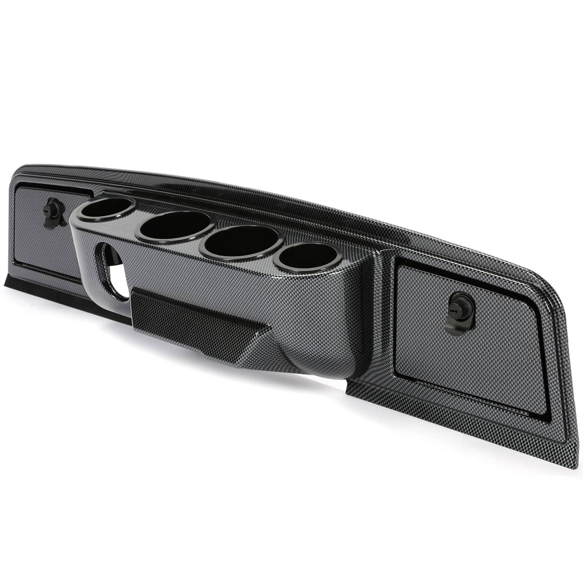 Carbon fiber dashboard cover with cup holders, handle opening, and right-side panel