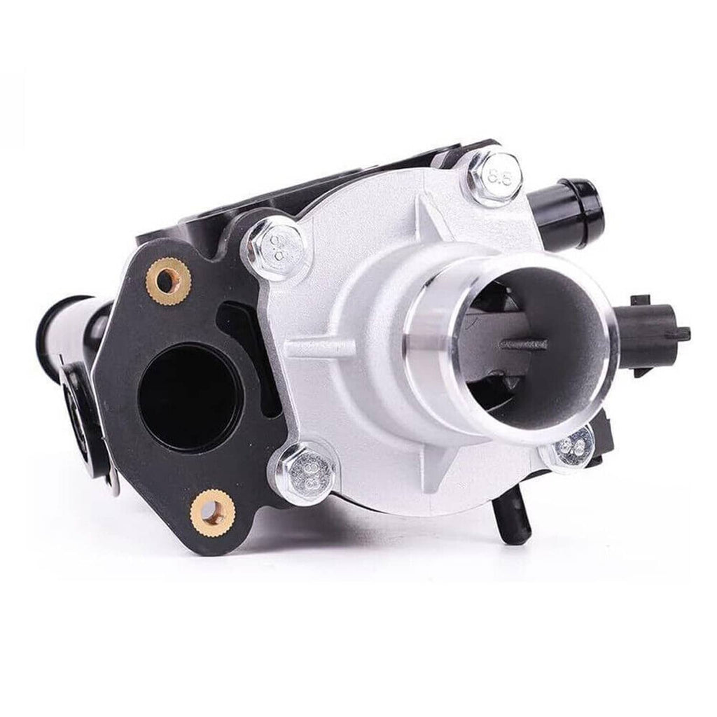 Thermostat water outlet assembly, silver housing with black sensor port and screws