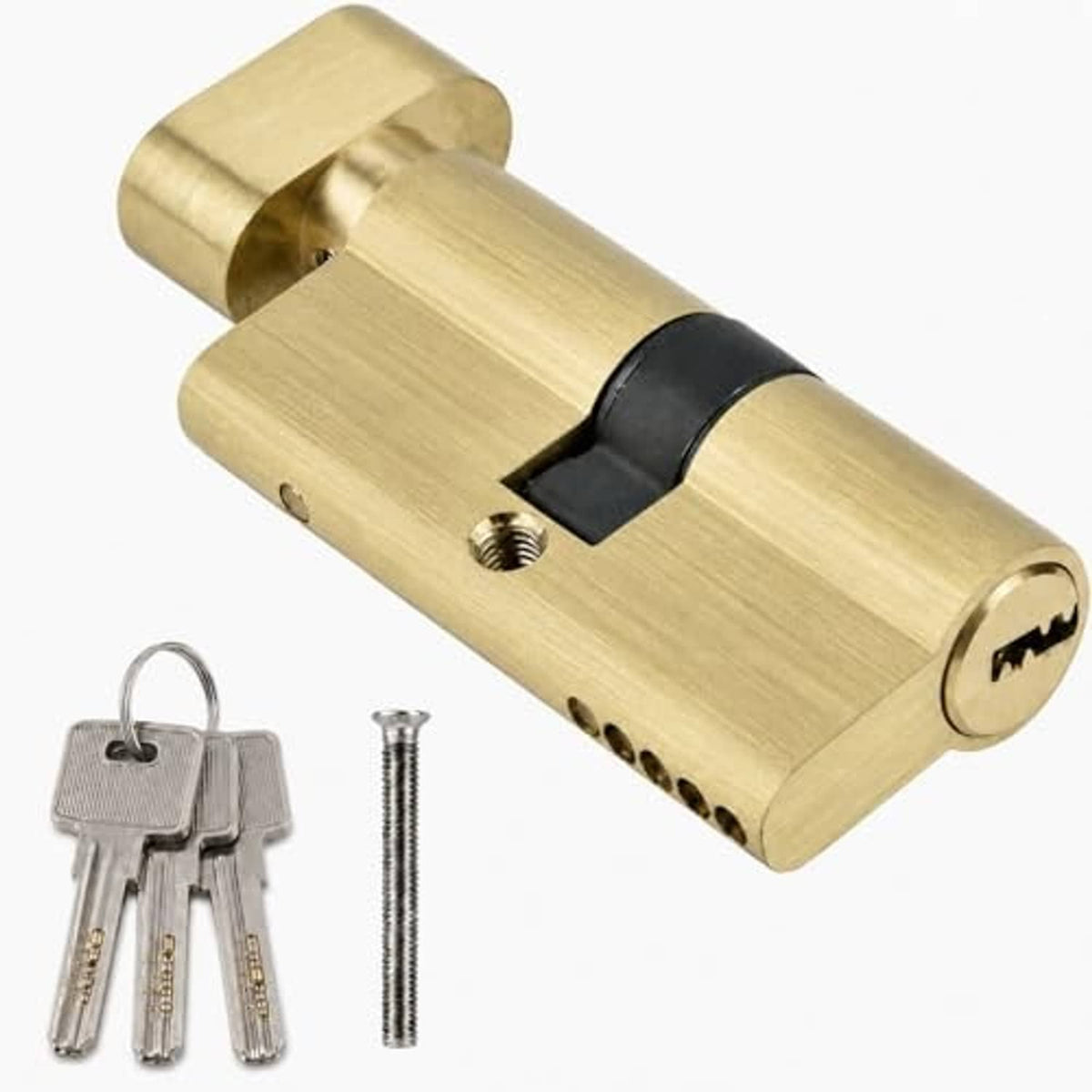 Brass euro profile lock cylinder with black thumbturn, keys and security screw