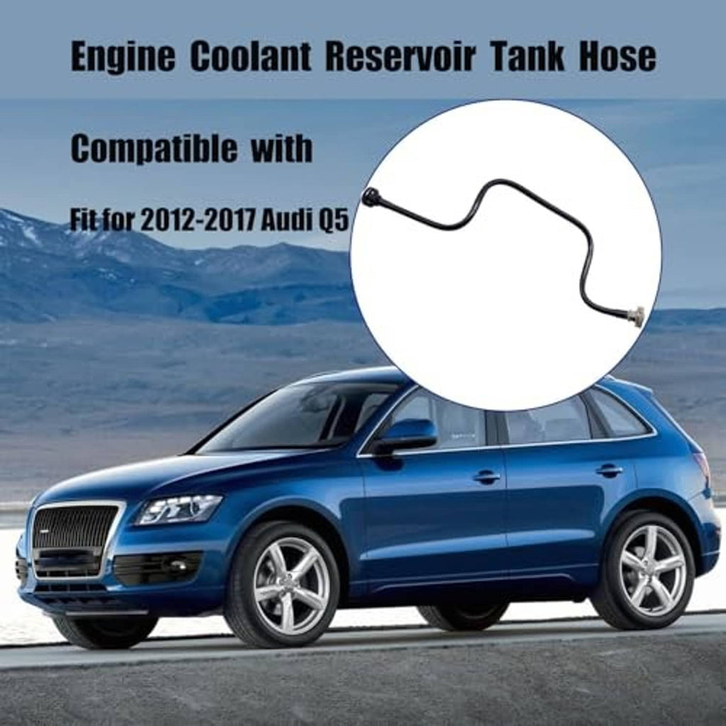 Coolant reservoir tank hose with curved dark tube and two metal ends