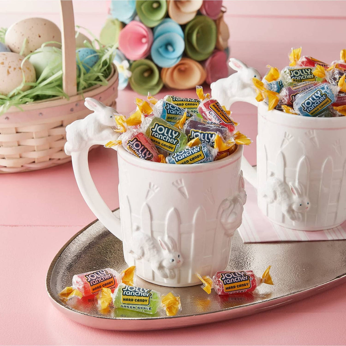 JOLLY RANCHER hard candy in white bunny mugs with wrapped pieces