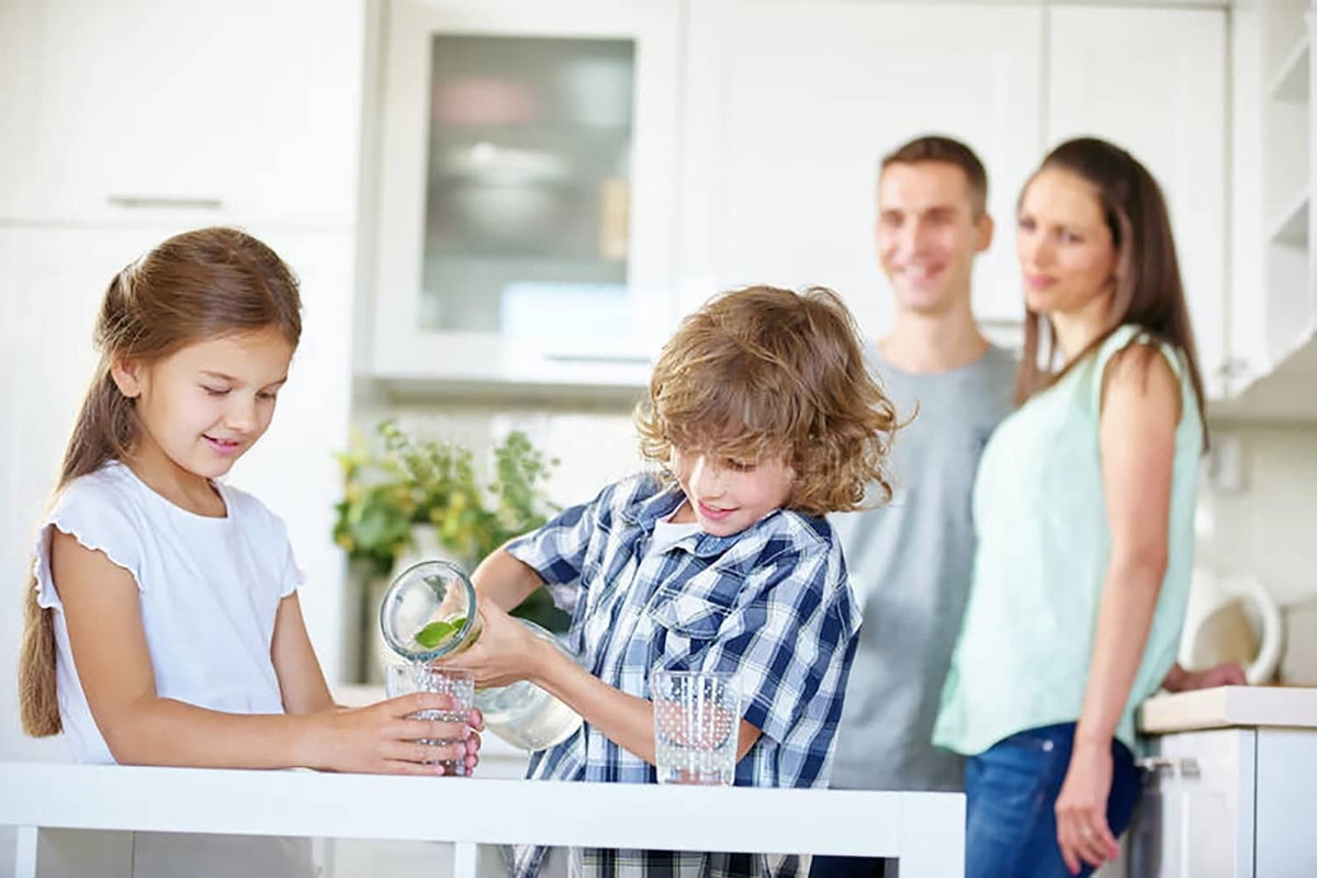 Home kitchen water setup with family using a connected water dispenser faucet