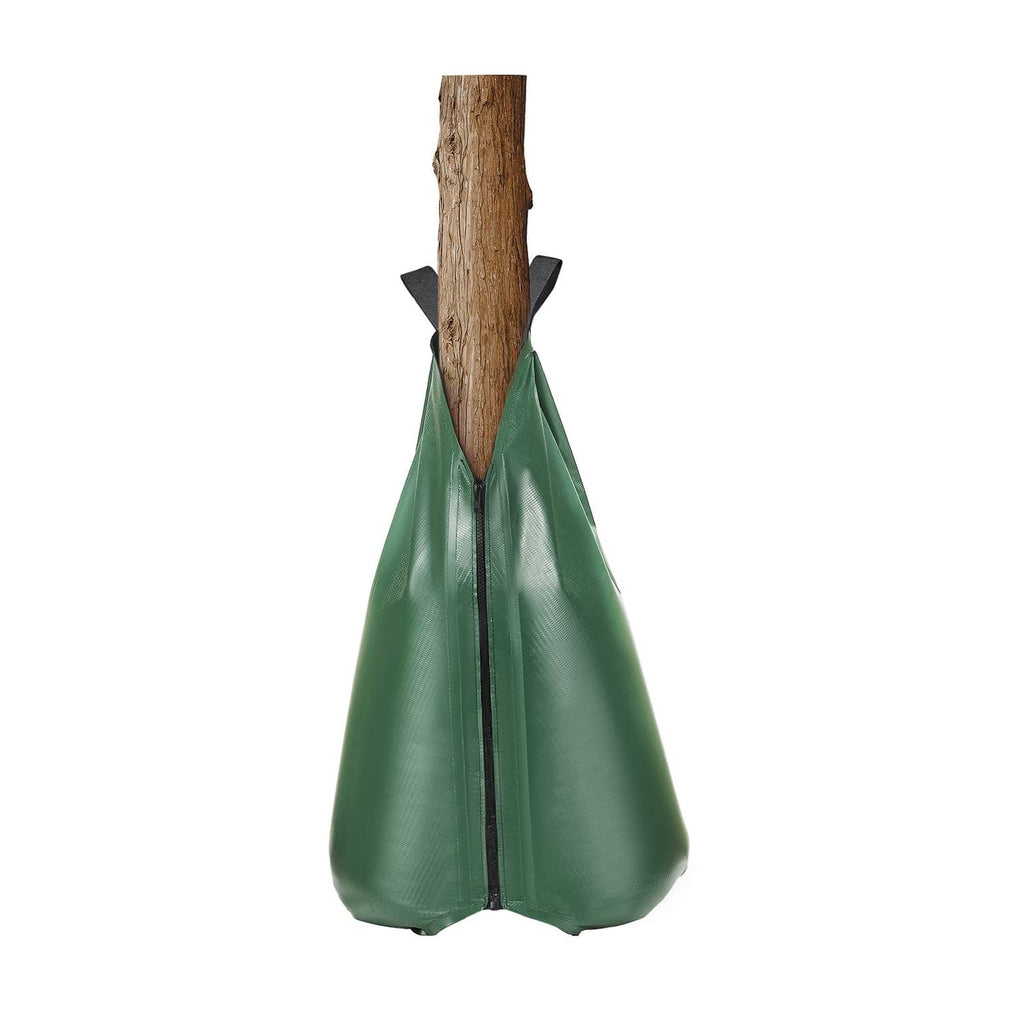 Green tree watering bag around a wooden trunk with black zipper seam and handle tabs
