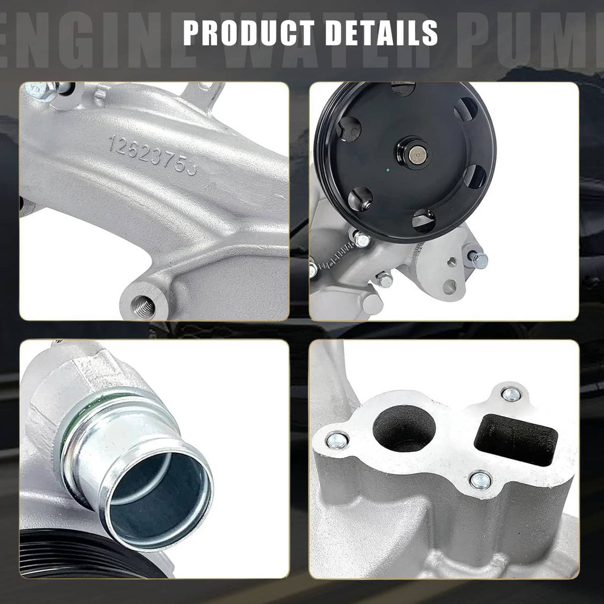Water pump with thermostat, close-up of silver casting and black pulley plate