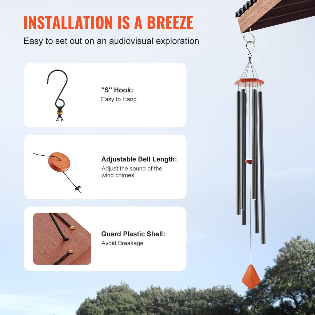 Hanging wind chime with S-hook, adjustable bell length, and diamond tone piece