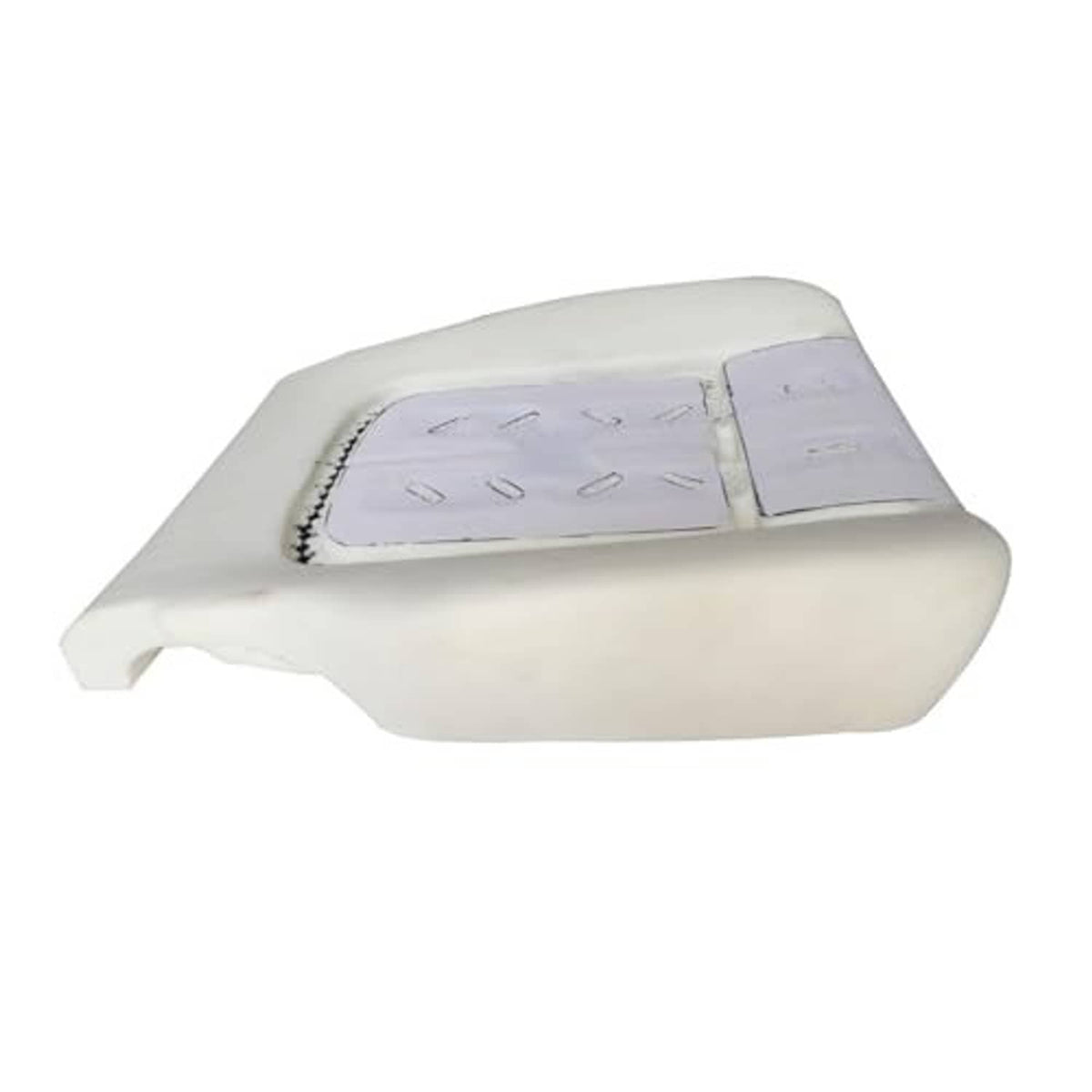 Light beige seat foam cushion with stitched rectangular insert and top connector flap