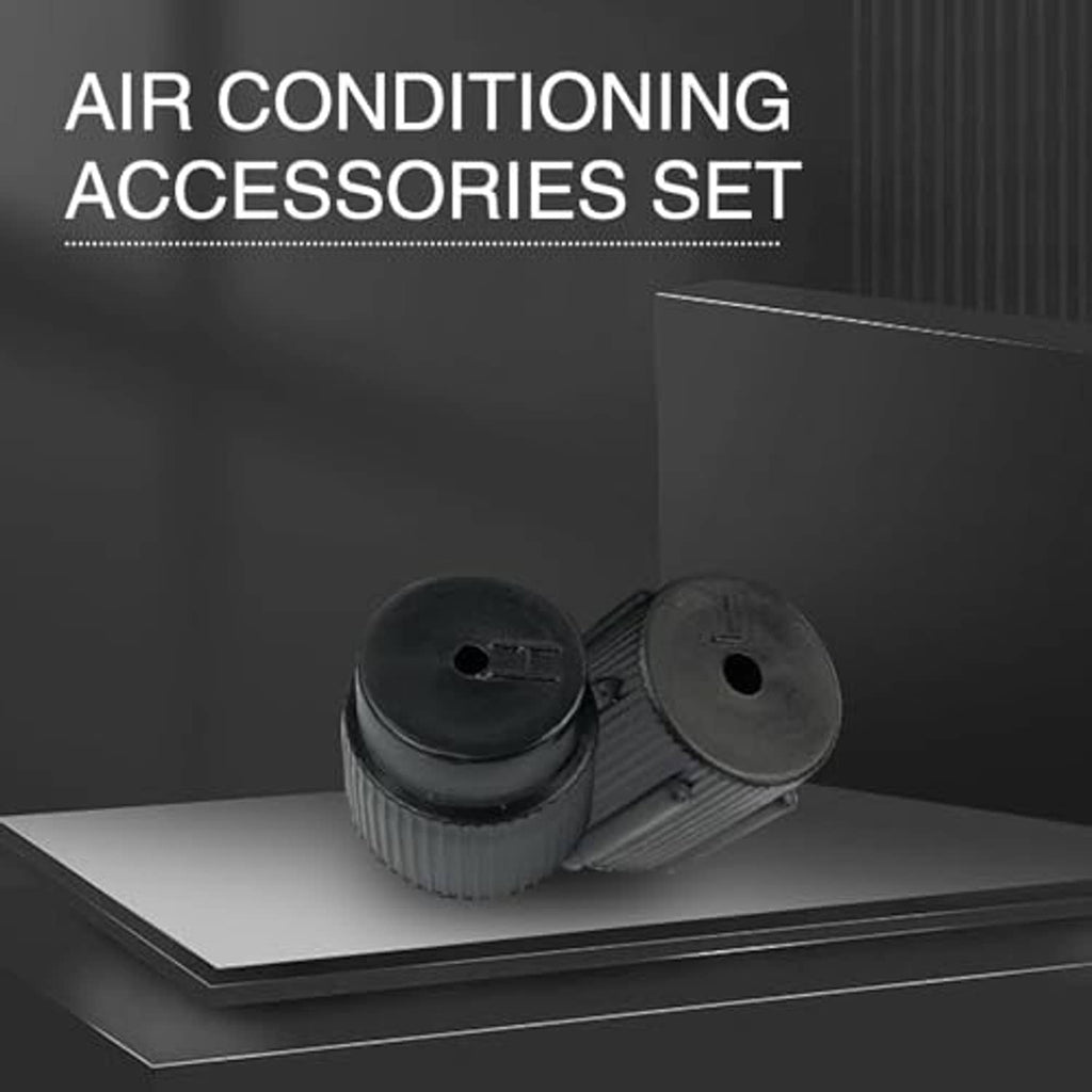 Black ribbed air conditioning valve caps, two pieces with top holes on a tray