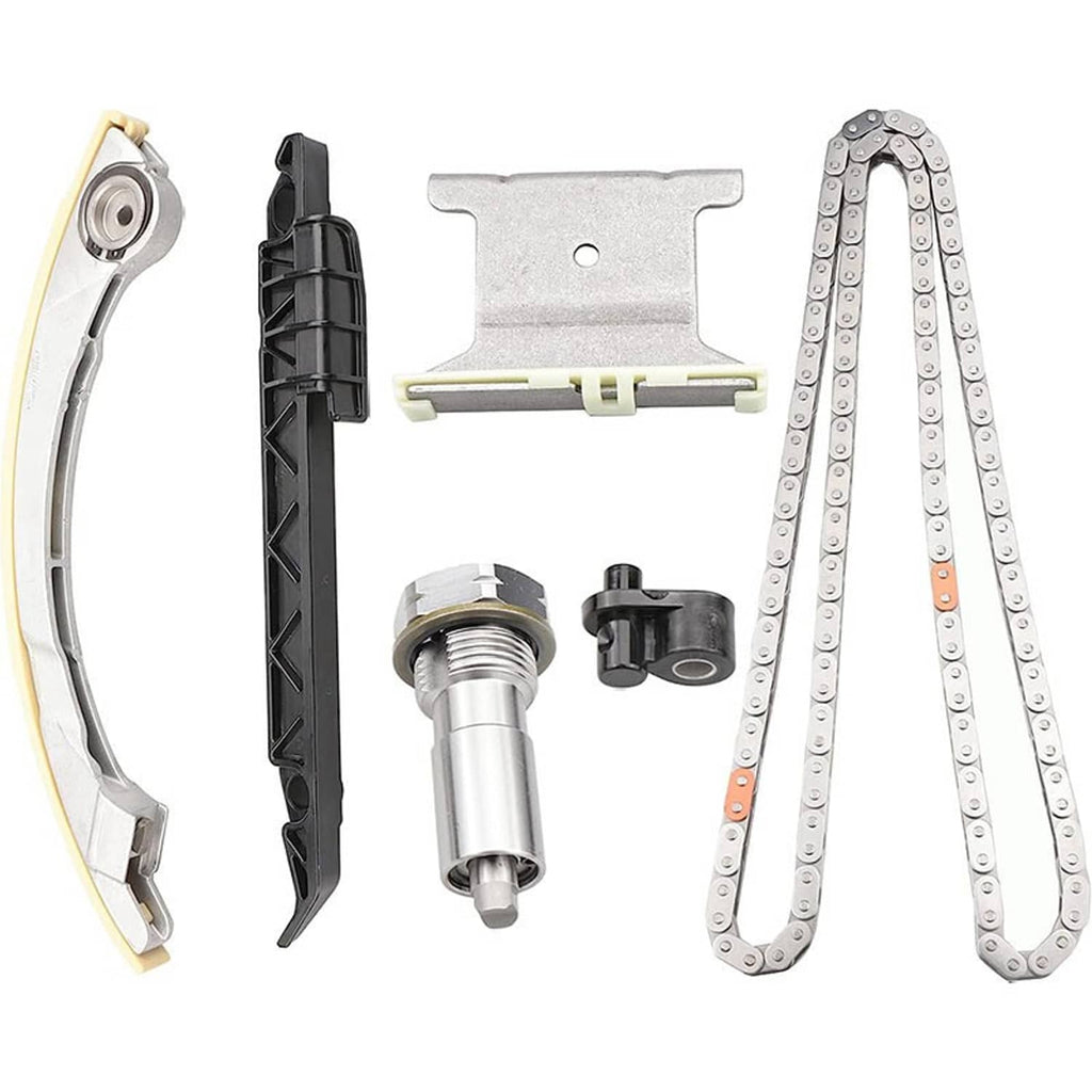 Timing chain kit parts set: metal chain, tensioner, and guide rails with sprockets