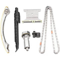 Timing chain kit parts set: metal chain, tensioner, and guide rails with sprockets