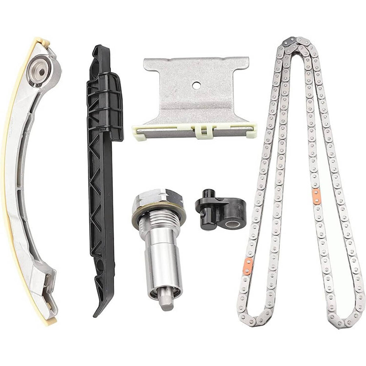 Timing chain kit parts set: metal chain, tensioner, and guide rails with sprockets