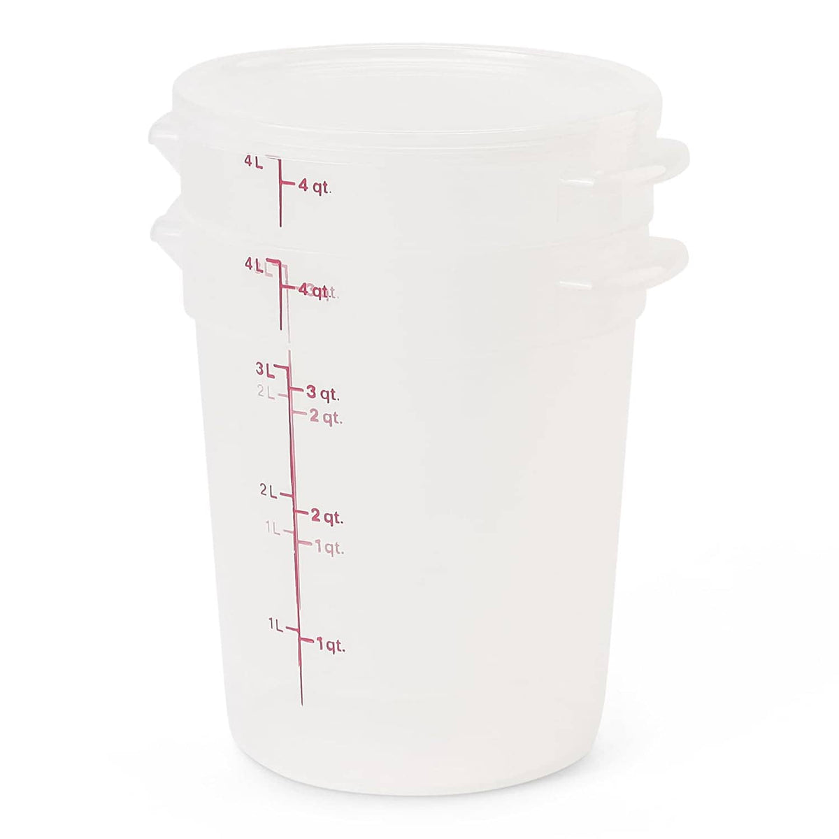 4-qt plastic food storage bucket with lid and red quart measurement scale on the side.