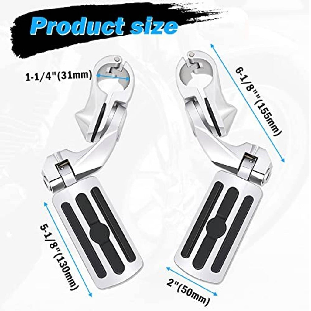Pair of chrome angled highway pegs with black grip pads and visible size dimension marks