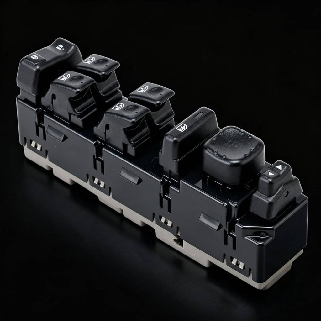 Master power window switch assembly, black multi-button control panel with window icons